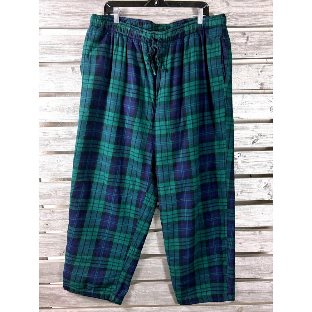 Lands End Mens Flannel Pajama Pants Green Black Watch Plaid XL Sherpa Lined
